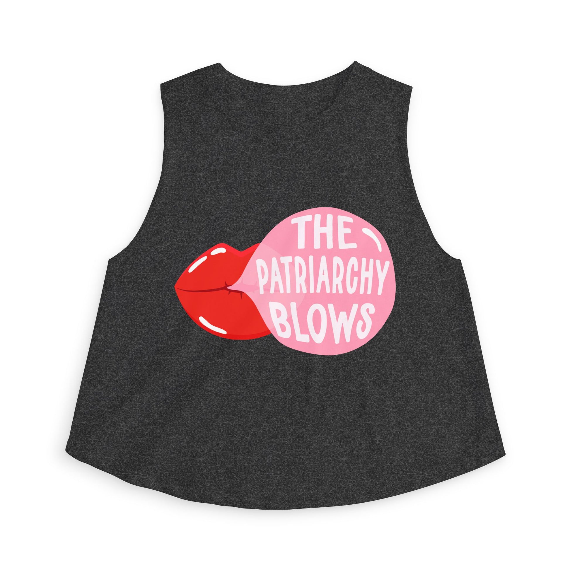 The Patriarchy Blows Crop Top by Spinsterly Co, women graphic crop top in Dark Grey Heather with pink and red print
