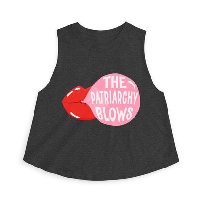 The Patriarchy Blows Crop Top by Spinsterly Co, women graphic crop top in Dark Grey Heather with pink and red print
