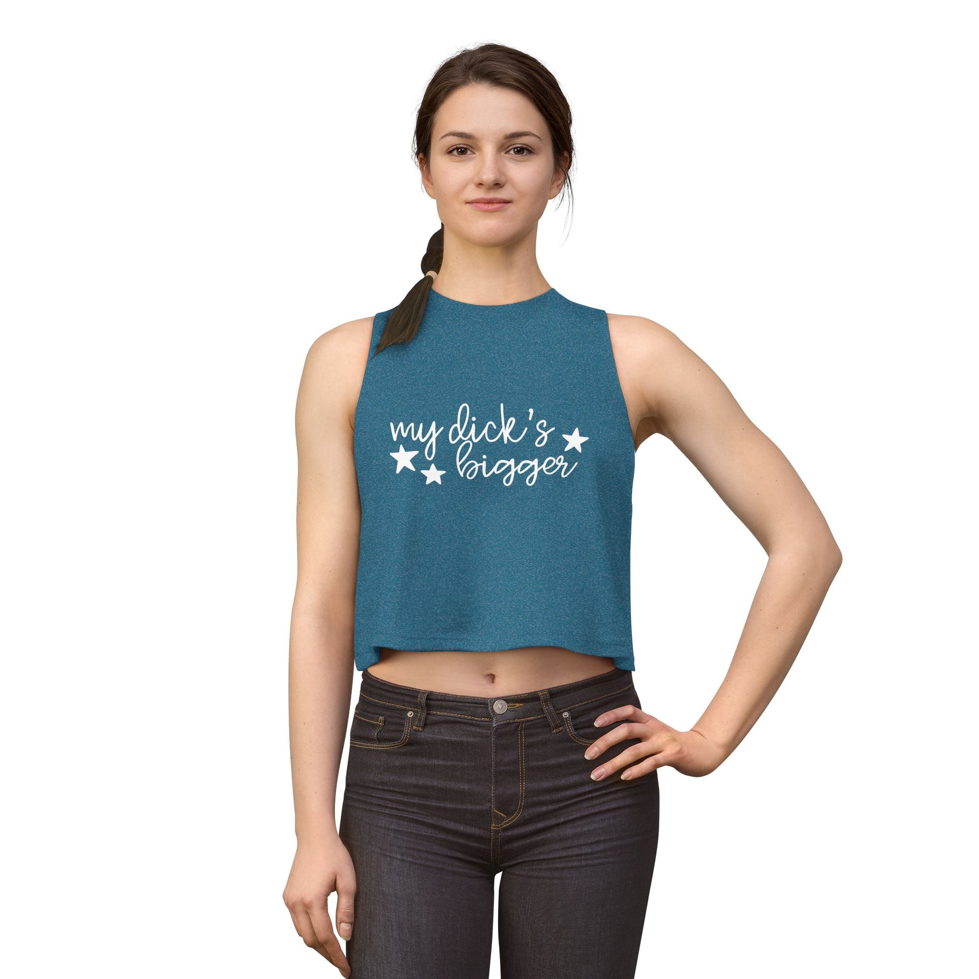 My Dck's Bigger Crop Top Funny Feminist Women's Cropped Tank by Spinsterly Co in Heather Deep Teal with cursive graphic