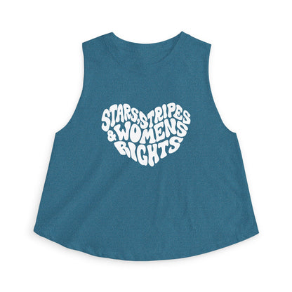 Stars, Stripes Women's Rights Crop Top by Spinsterly Co in Heather Deep Teal with activist graphic print