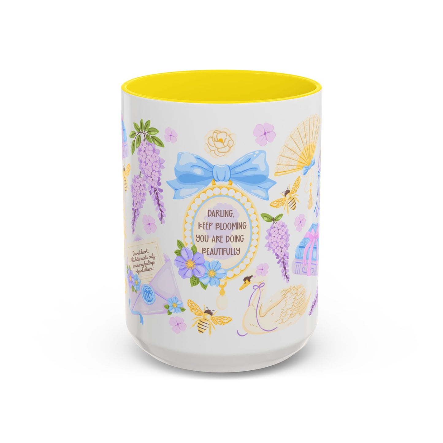 Darling Keep Blooming Regency Tea Party Accent Coffee Mug by Spinsterly Co, yellow glossy ceramic with floral regency print