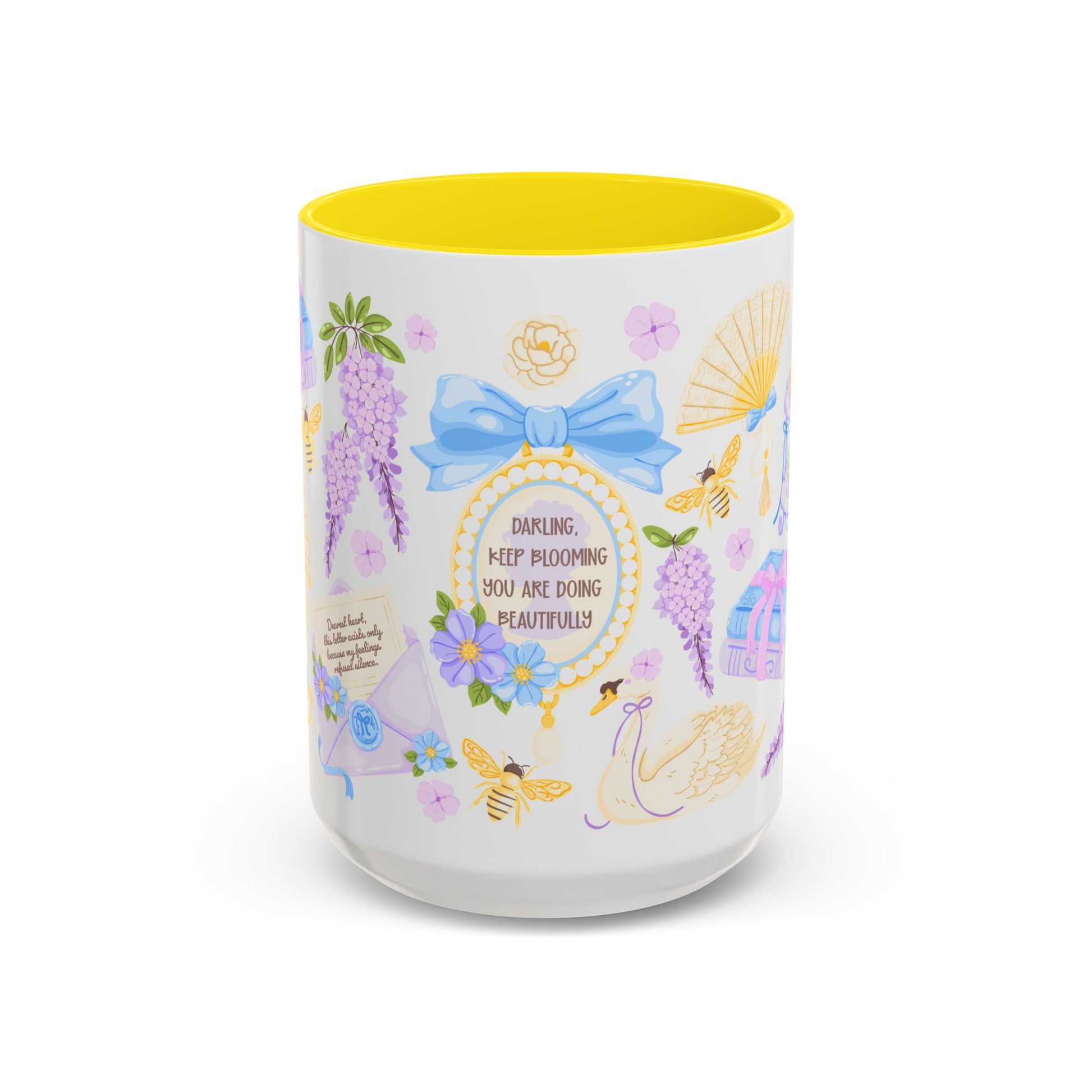 Darling Keep Blooming Regency Tea Party Accent Coffee Mug by Spinsterly Co, yellow glossy ceramic with floral regency print