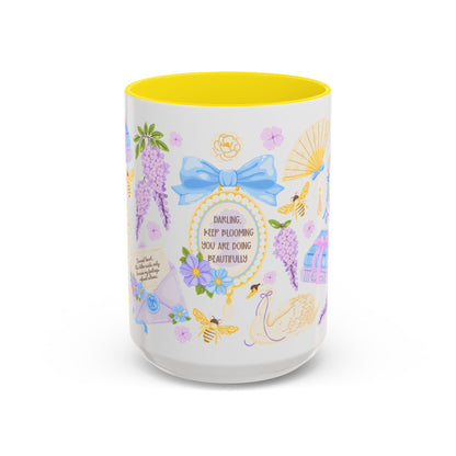 Darling Keep Blooming Regency Tea Party Accent Coffee Mug by Spinsterly Co, yellow glossy ceramic with floral regency print