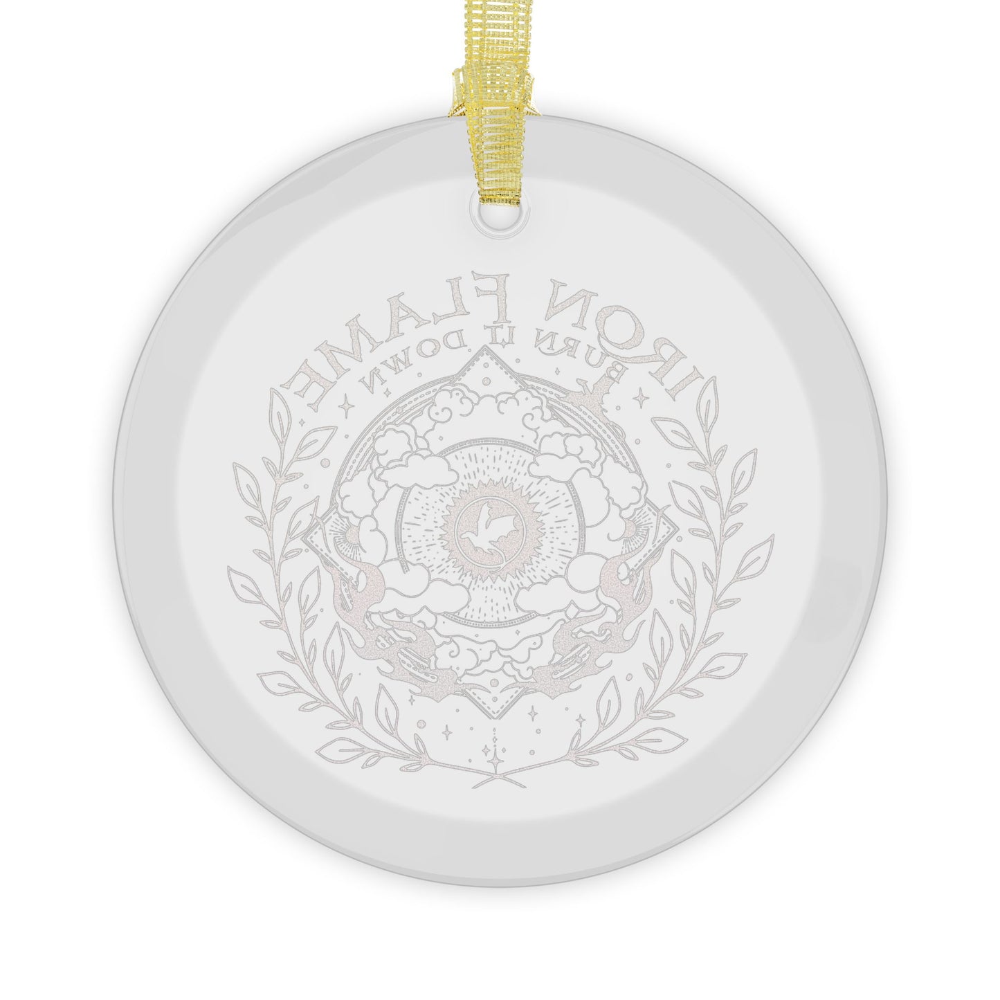 A round clear ceramic ornament featuring the backside of a crystal ornament hanging from a gold ribbon on a clear background.