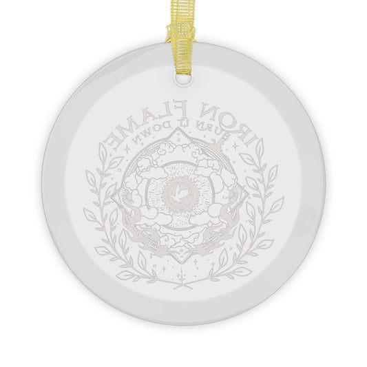 A round clear ceramic ornament featuring the backside of a crystal ornament hanging from a gold ribbon on a clear background.