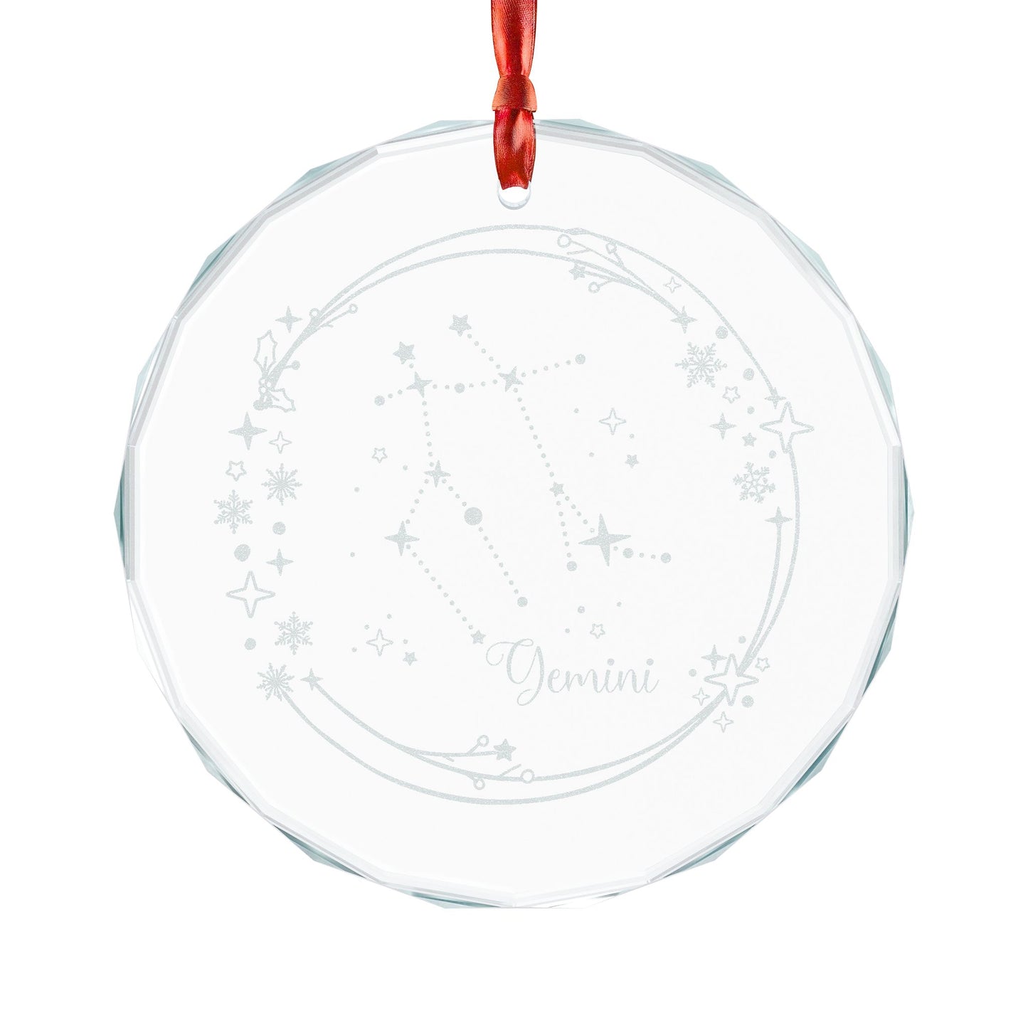 Gemini Constellation Crystal Glass Ornament by Spinsterly Co, faceted crystal circle with satin ribbon