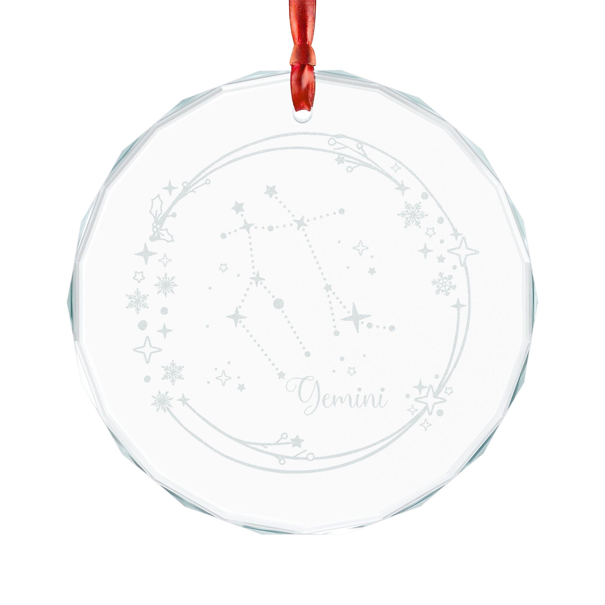 Gemini Constellation Crystal Glass Ornament by Spinsterly Co, faceted crystal circle with satin ribbon