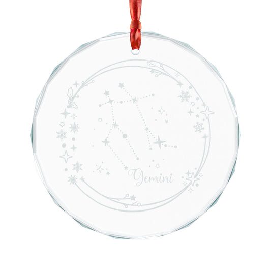 Gemini Constellation Crystal Glass Ornament by Spinsterly Co, faceted crystal circle with satin ribbon
