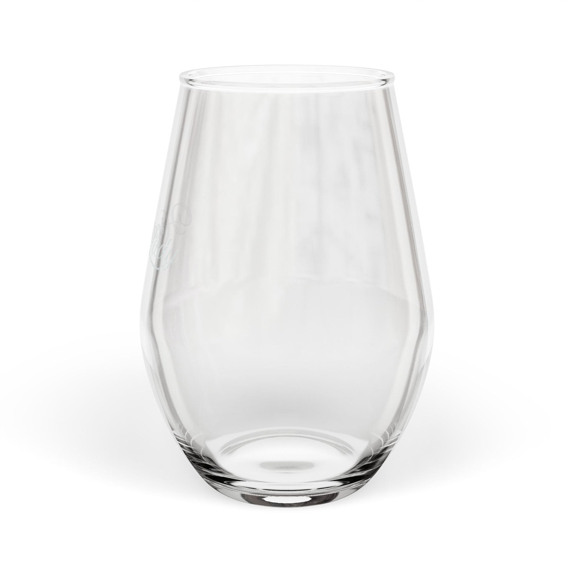 Clear glass stemless wine glass on a white background