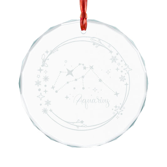 Aquarius Constellation Crystal Glass Ornament by Spinsterly Co, faceted circle with engraved star map and red ribbon