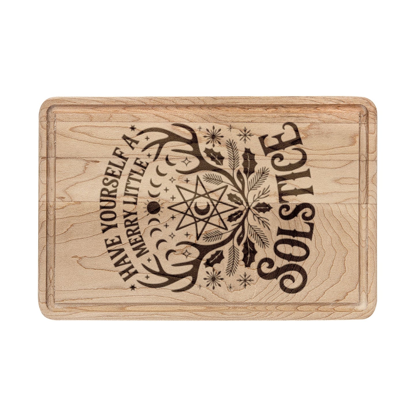Solstice Mandala Engraved Wooden Cutting Board Spinsterly Co in Maple with laser engraved solstice mandala
