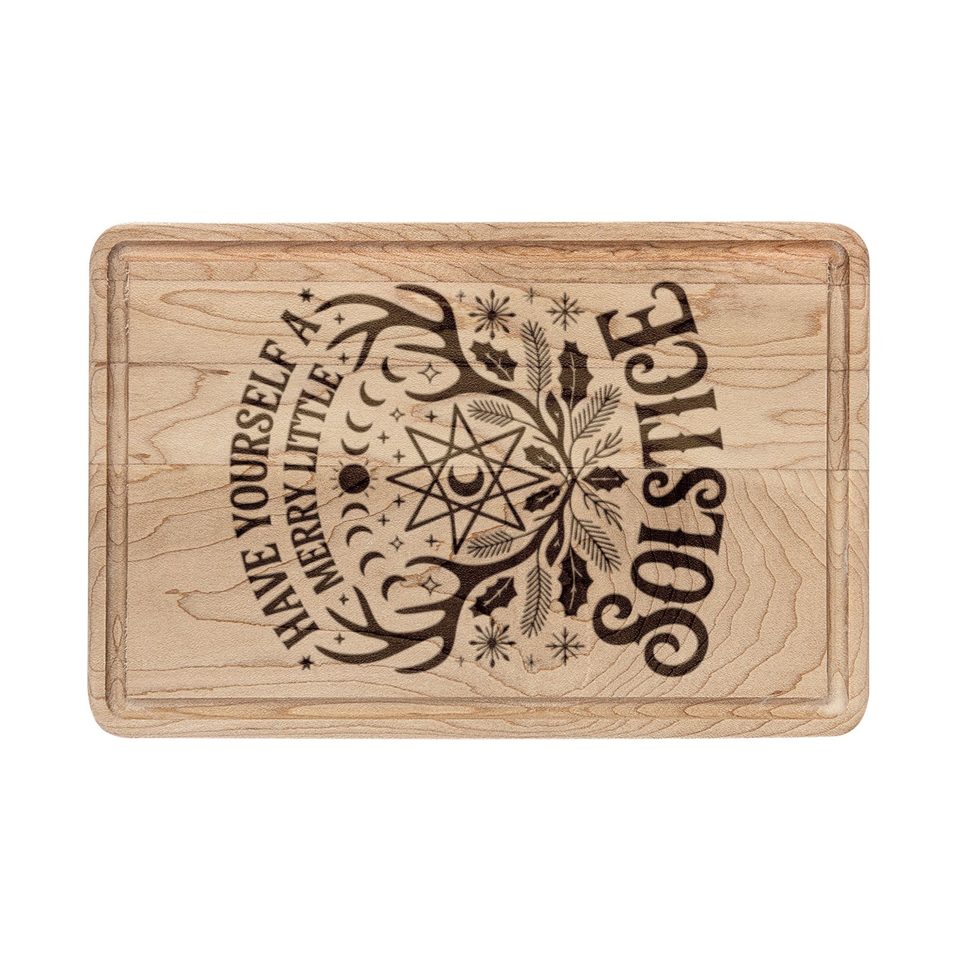 Solstice Mandala Engraved Wooden Cutting Board Spinsterly Co in Maple with laser engraved solstice mandala