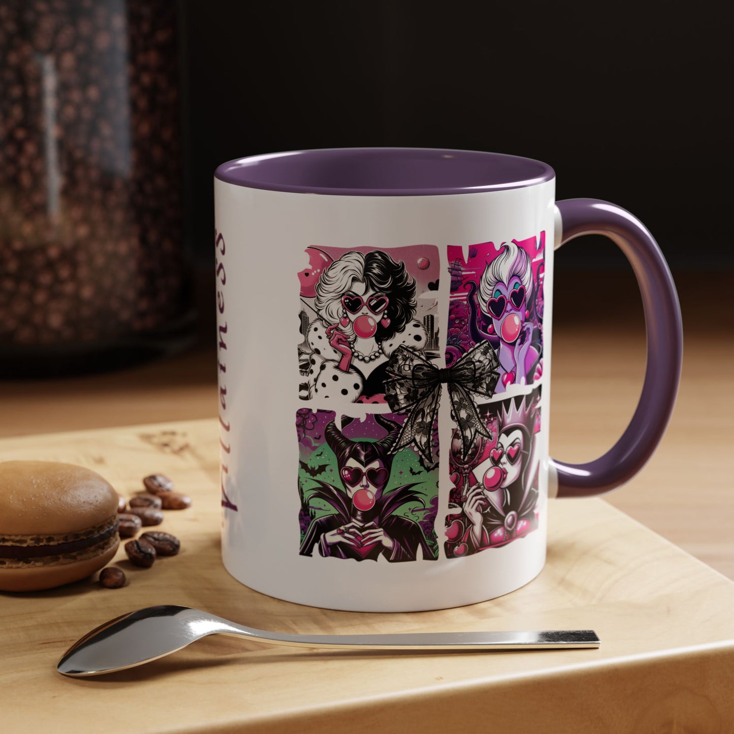 Villainess Comic Portrait Panel Accent Coffee Mug by Spinsterly Co in Purple ceramic with full wrap panels