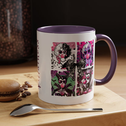 Villainess Comic Portrait Panel Accent Coffee Mug by Spinsterly Co in Purple ceramic with full wrap panels