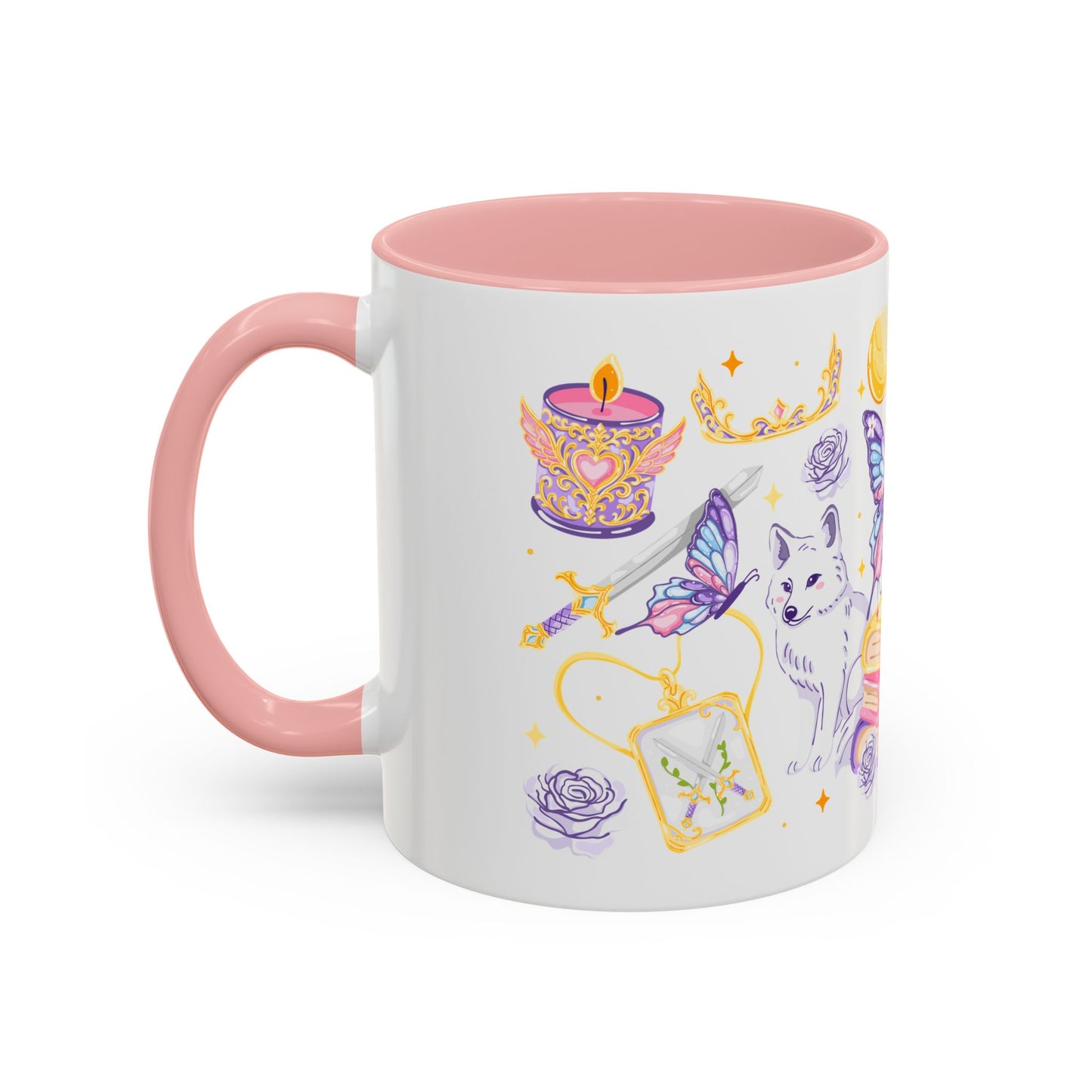 She Is Moonlight Fae Romantasy Collage Accent Coffee Mug by Spinsterly Co, pink ceramic with glossy full-wrap art