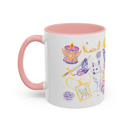 She Is Moonlight Fae Romantasy Collage Accent Coffee Mug by Spinsterly Co, pink ceramic with glossy full-wrap art