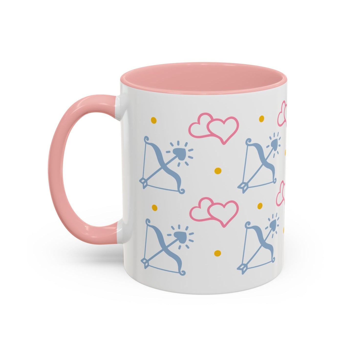 Sagittarius Bow and Arrow Heart Pattern Accent Coffee Mug Pink Zodiac Gift by Spinsterly Co, glossy ceramic mug