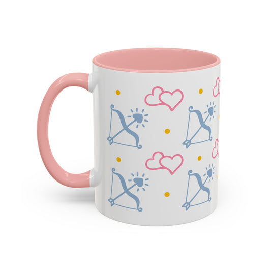 Sagittarius Bow and Arrow Heart Pattern Accent Coffee Mug Pink Zodiac Gift by Spinsterly Co, glossy ceramic mug