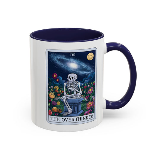 The Overthinker Tarot Card Accent Coffee Mug by Spinsterly Co in Navy with glossy ceramic and skeleton florals