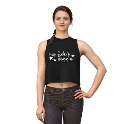My Dck's Bigger Crop Top Spinsterly Co funny feminist cropped tank in Solid Black Blend with cursive star graphic