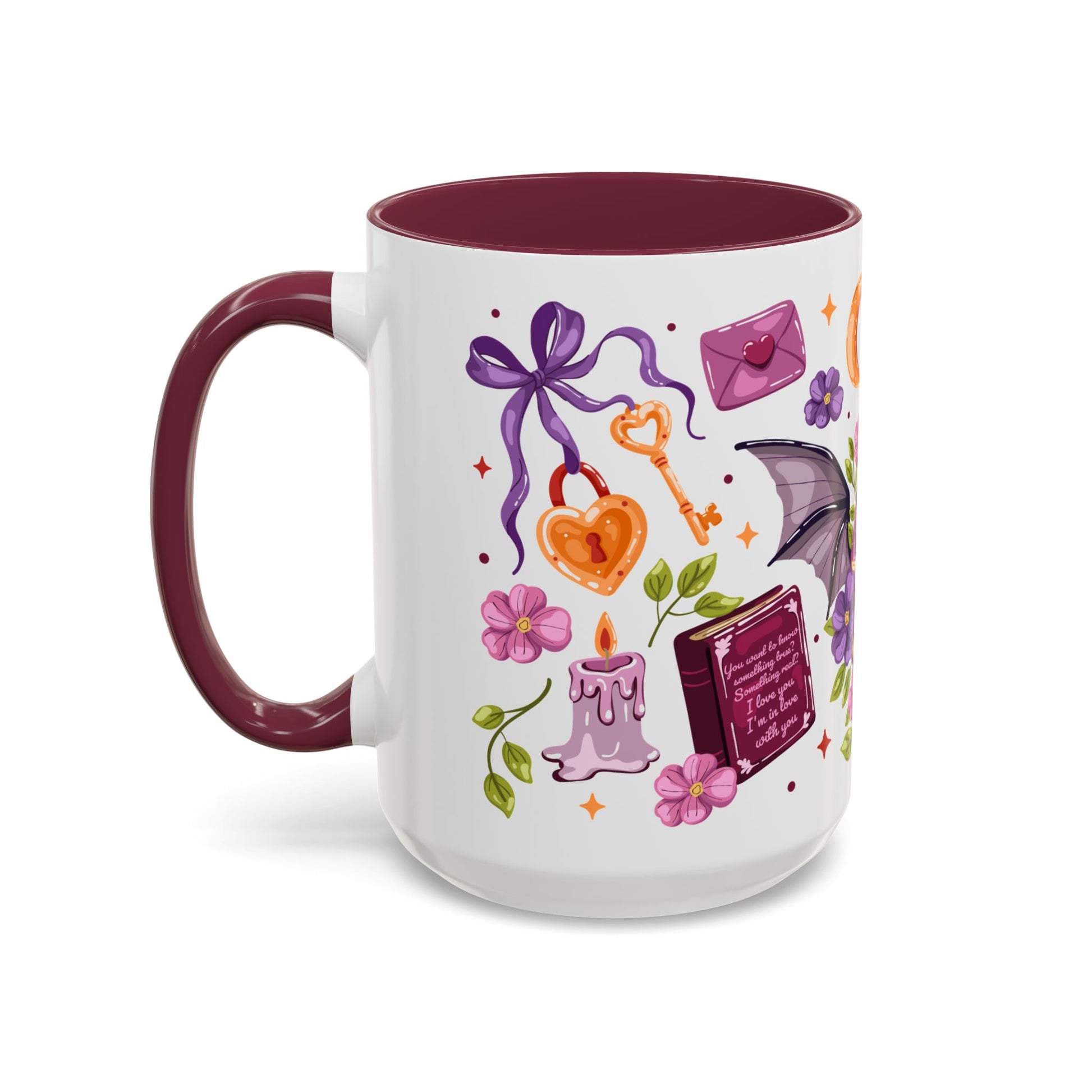 Winged Dagger Crown Romantasy Collage Coffee Mug by Spinsterly Co in Maroon with full wrap glossy ceramic art