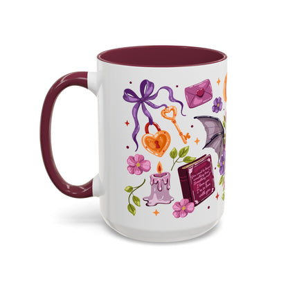 Winged Dagger Crown Romantasy Collage Coffee Mug by Spinsterly Co in Maroon with full wrap glossy ceramic art