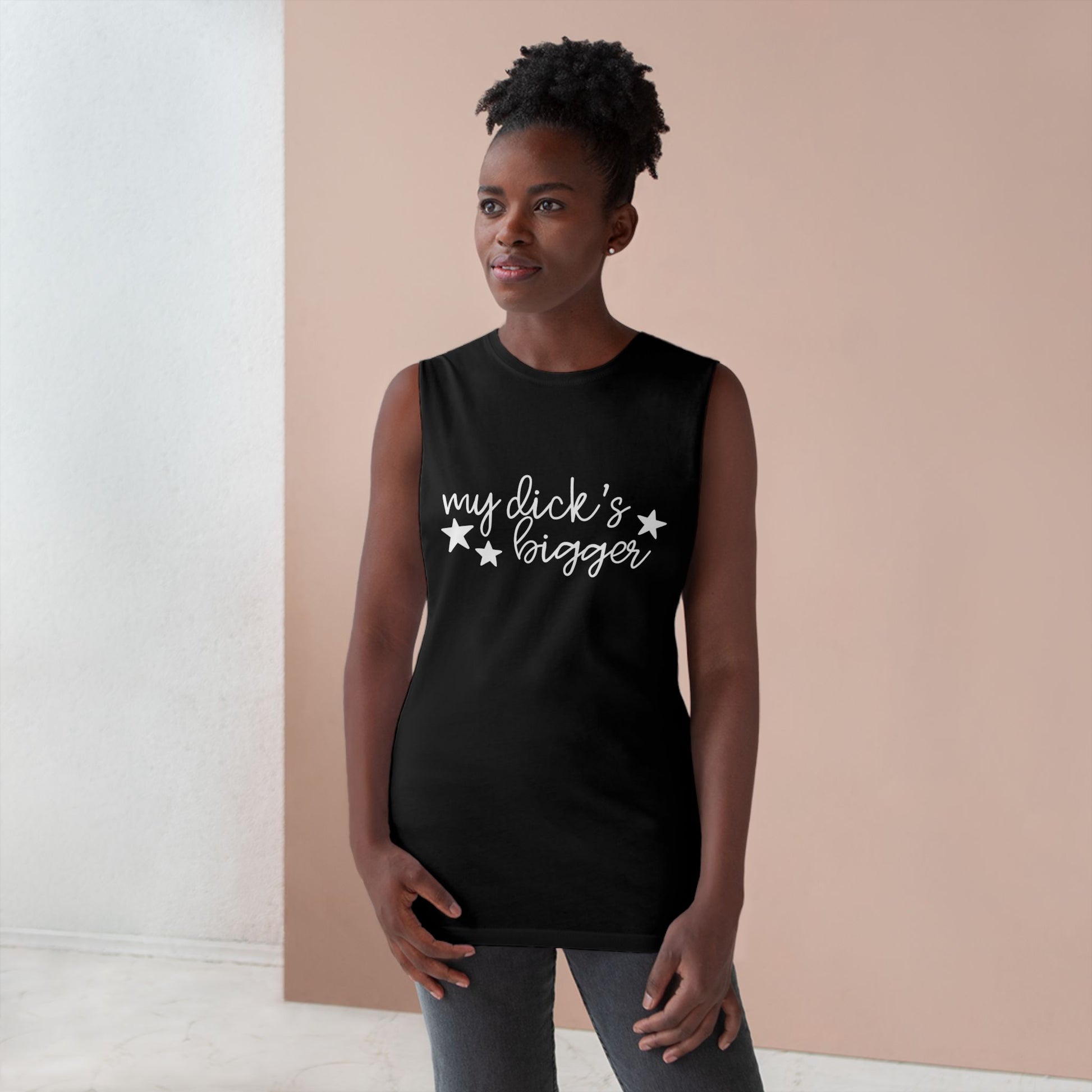 My Dick's Bigger Graphic Unisex Muscle Tank Top Spinsterly Co black with raw-edge armholes and white text