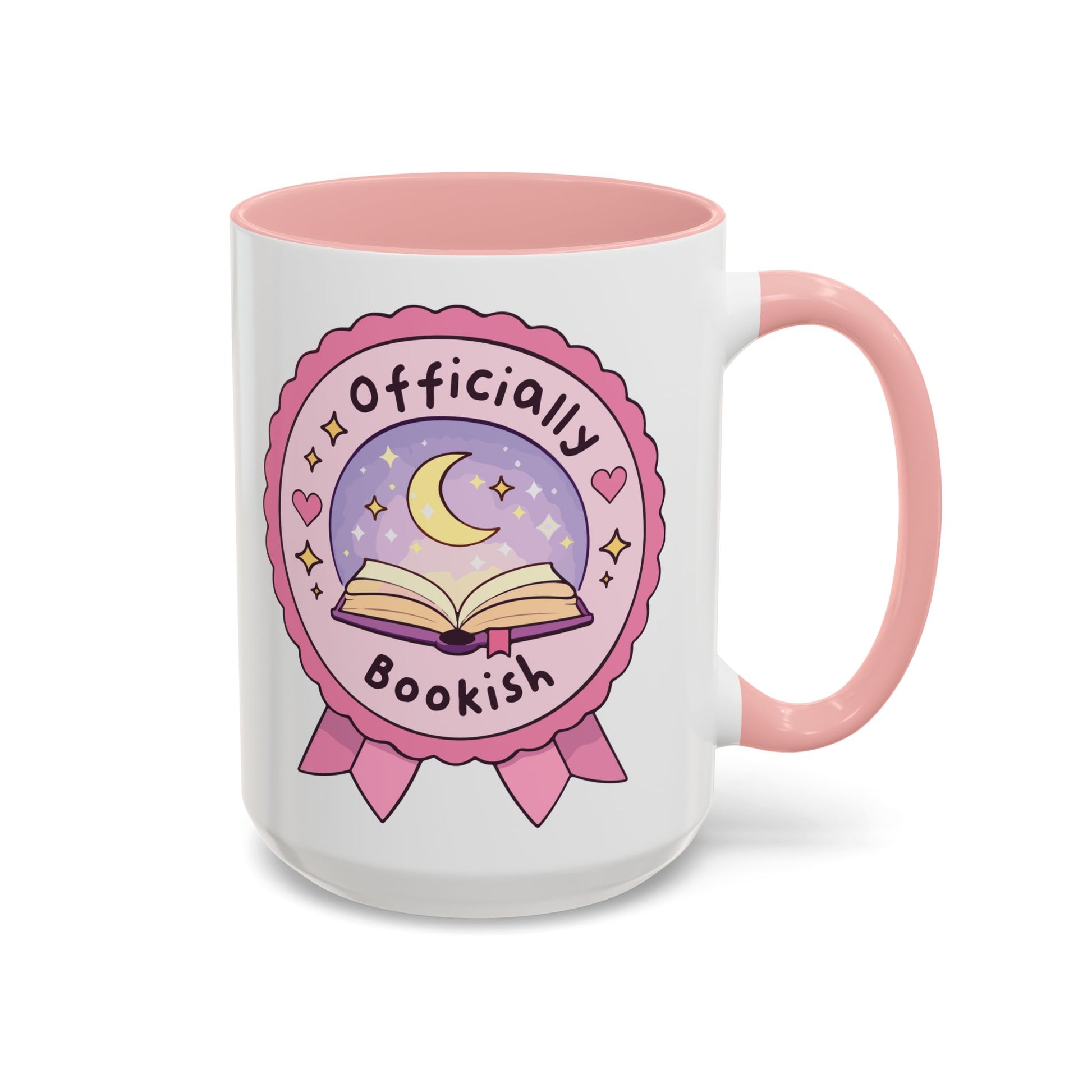 Officially Bookish Accent Coffee Mug Spinsterly Co Pink interior ceramic mug with rosette badge graphic