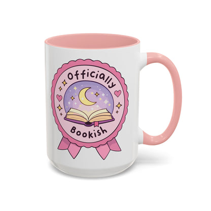 Officially Bookish Accent Coffee Mug Spinsterly Co Pink interior ceramic mug with rosette badge graphic