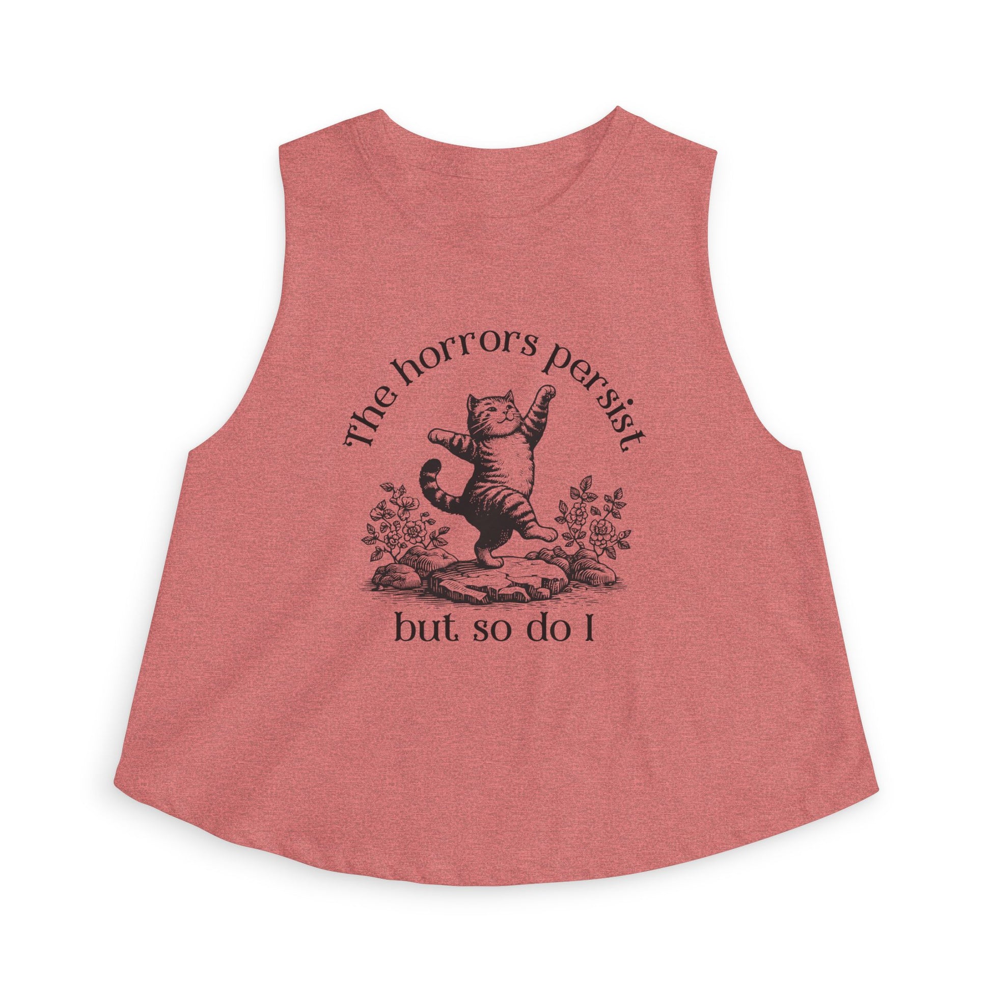 The Horrors Persist But So Do I Crop Top by Spinsterly Co women's cropped tank in heather mauve with dancing cat graphic