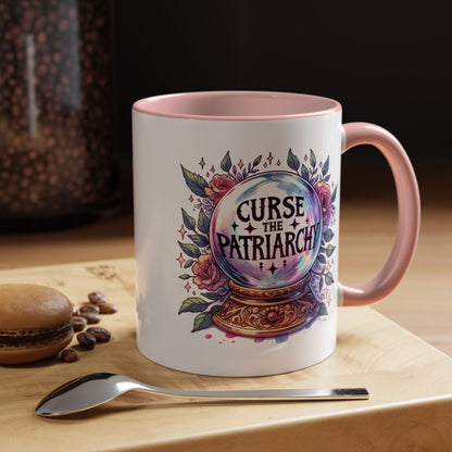 Curse the Patriarchy Floral Crystal Ball Accent Coffee Mug by Spinsterly Co in Pink glossy ceramic with gothic lettering