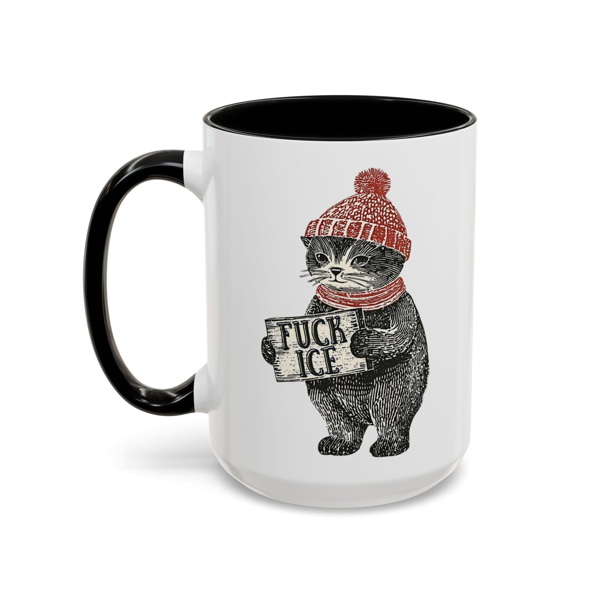 Cat in Beanie Fck Ice Accent Coffee Mug by Spinsterly Co, black ceramic with protest sign cat graphic