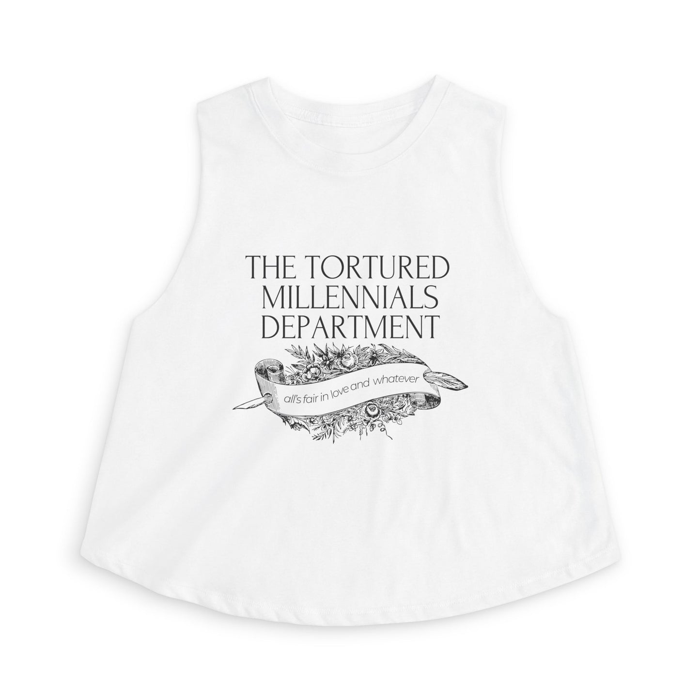 The Tortured Millennials Department Crop Top by Spinsterly Co in Solid White Blend with serif graphic typography