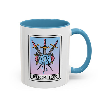 Fck Ice Accent Coffee Mug by Spinsterly Co in Light Blue glossy ceramic with tarot swords and melting ice
