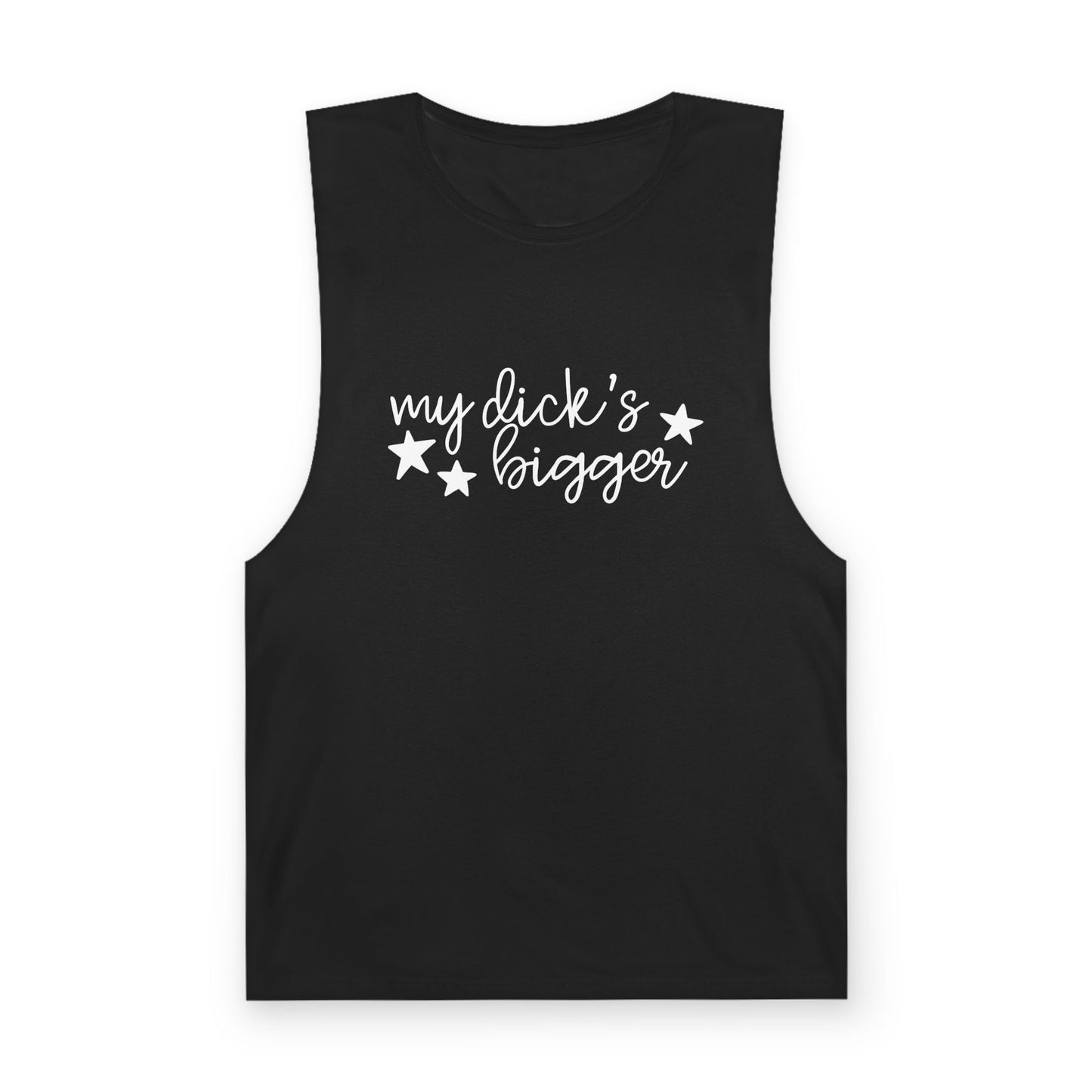 My Dick's Bigger Graphic Unisex Muscle Tank Top by Spinsterly Co in black with raw-edge armholes
