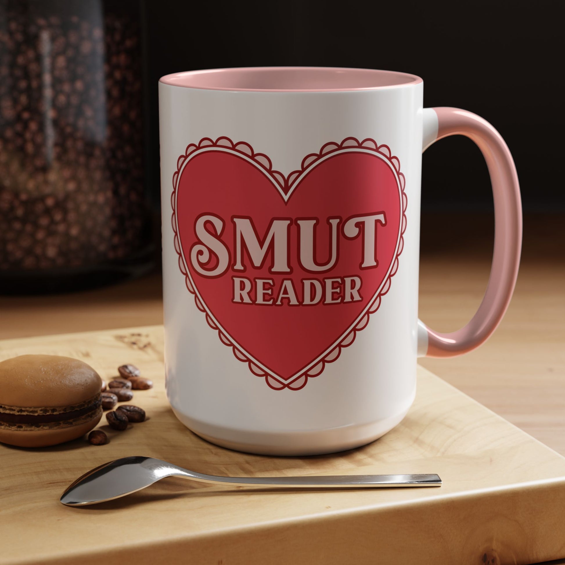 Smut Reader Bold Lace Heart Accent Coffee Mug Spinsterly Co pink glossy ceramic with scalloped lace heart graphic