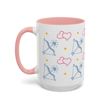 Sagittarius Bow and Arrow Heart Pattern Accent Coffee Mug Pink Zodiac Gift by Spinsterly Co, glossy ceramic