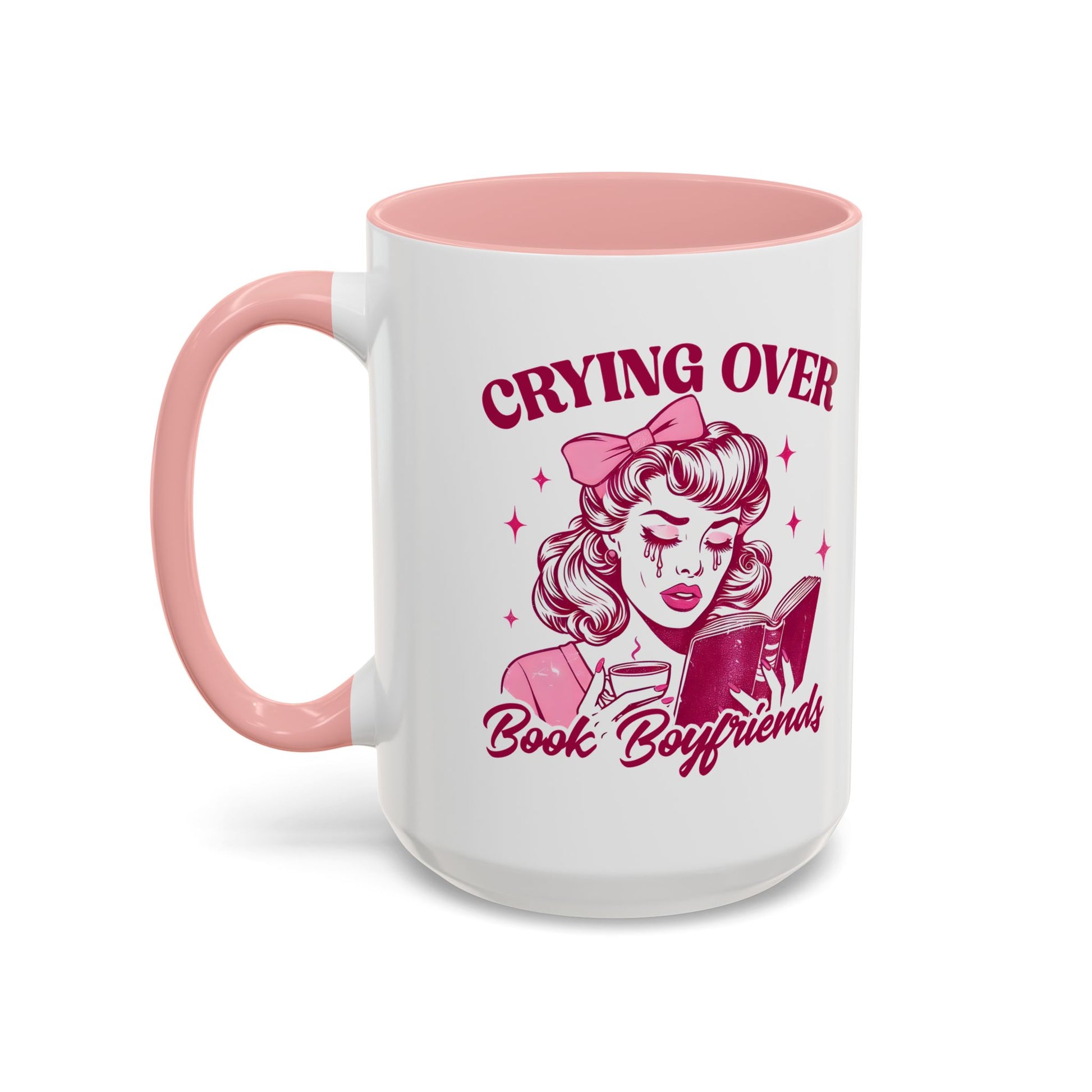 Crying Over Book Boyfriends Retro Pin-Up Accent Coffee Mug Spinsterly Co pink ceramic glossy with C-handle