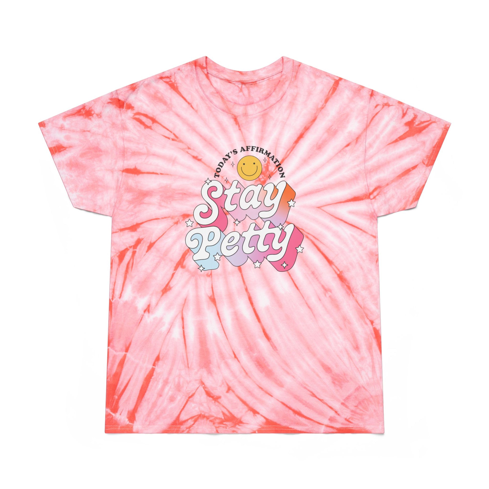 Stay Petty Tie-Dye Graphic Tee Today's Affirmation Smiley Shirt by Spinsterly Co in Coral with retro arched graphic