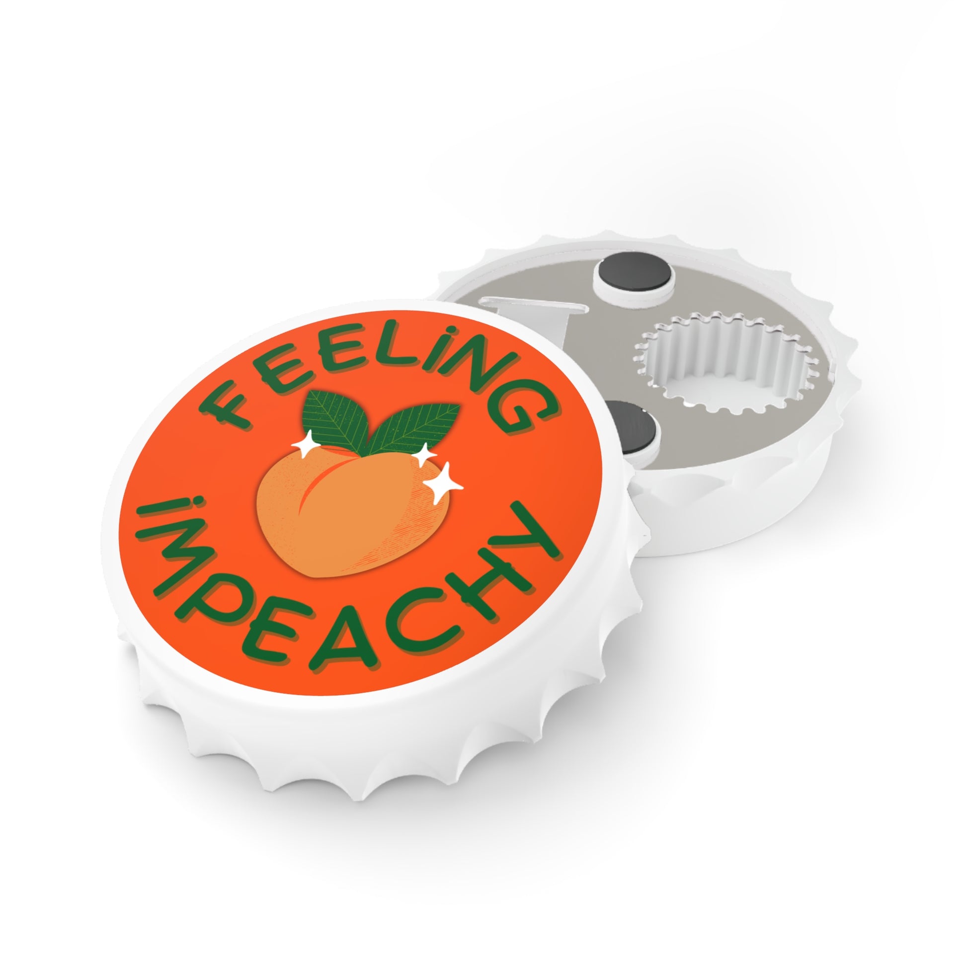 Feeling Impeachy Bottle Opener Magnet by Spinsterly Co, white bottle-cap shaped opener magnet for fridge use