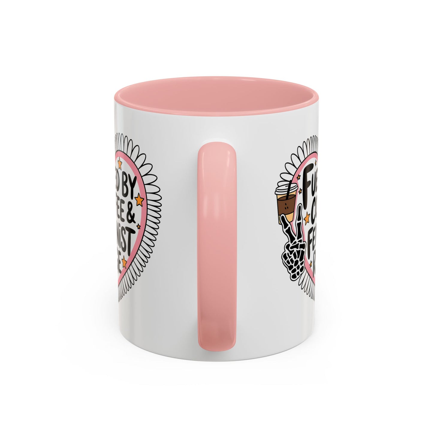 Fueled by Coffee Feminist Rage Accent Coffee Mug by Spinsterly Co in Pink glossy ceramic with daisy-edged heart