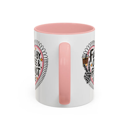 Fueled by Coffee Feminist Rage Accent Coffee Mug by Spinsterly Co in Pink glossy ceramic with daisy-edged heart