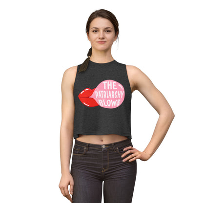 The Patriarchy Blows Crop Top by Spinsterly Co, women's graphic crop top in Dark Grey Heather with relaxed fit