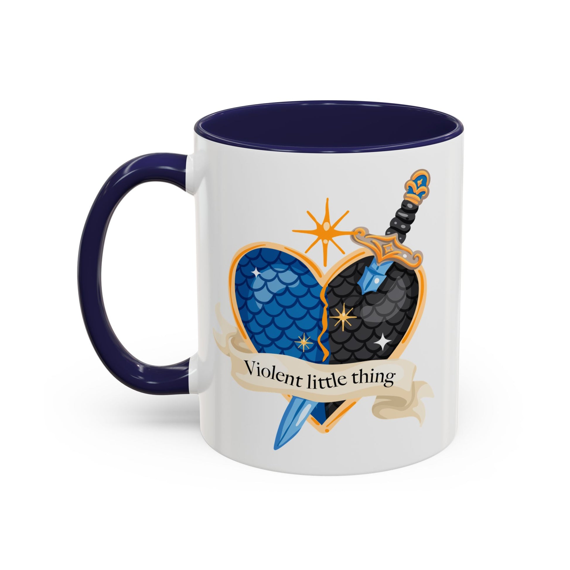 Violent Little Thing Heart and Dagger Crest Accent Coffee Mug Spinsterly Co navy ceramic glossy finish