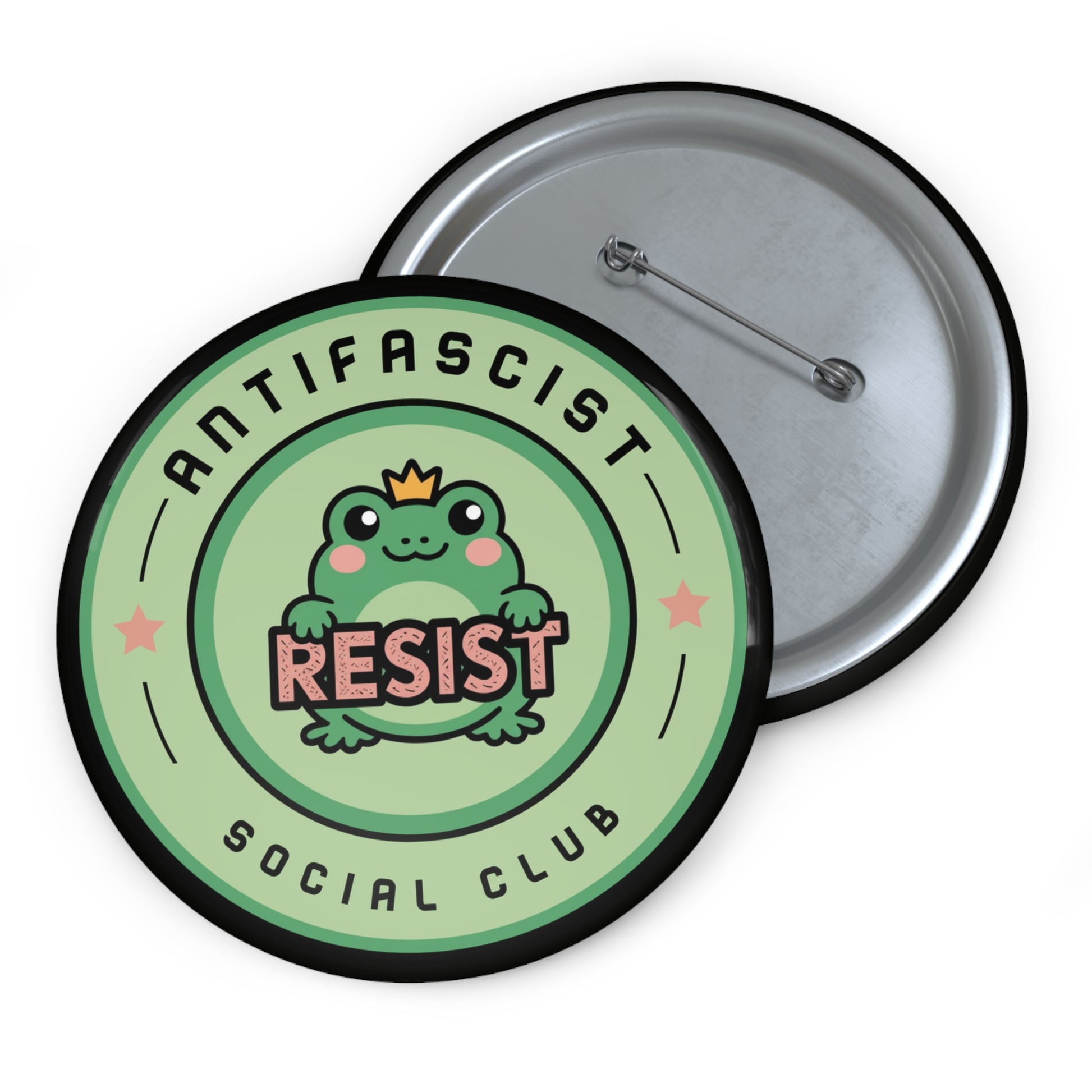 Antifascist Social Club Resist Pin Button Kawaii Frog Political Badge by Spinsterly Co, glossy mylar with steel backing