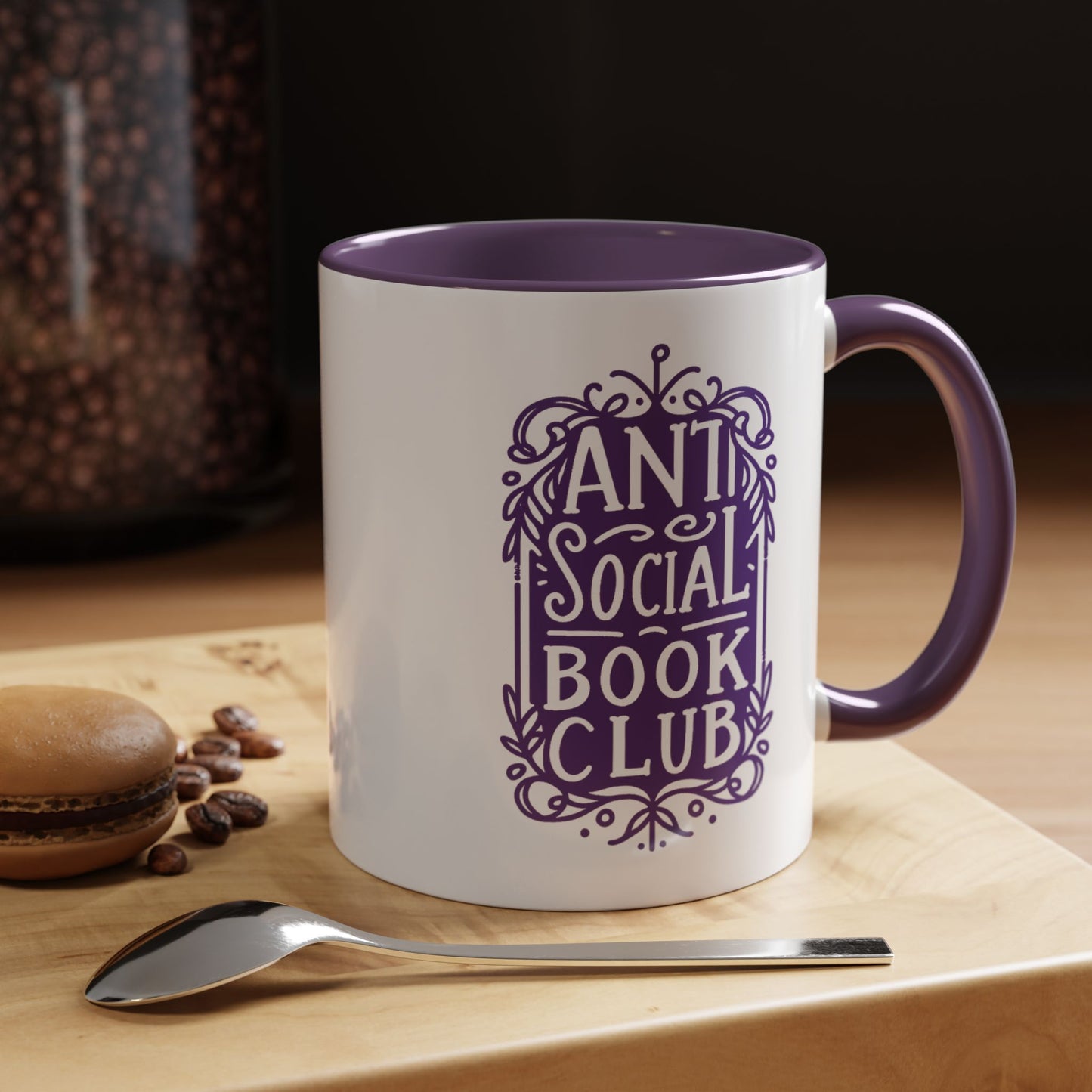Anti Social Book Club Ornate Victorian Accent Coffee Mug by Spinsterly, purple glossy ceramic for introvert reading
