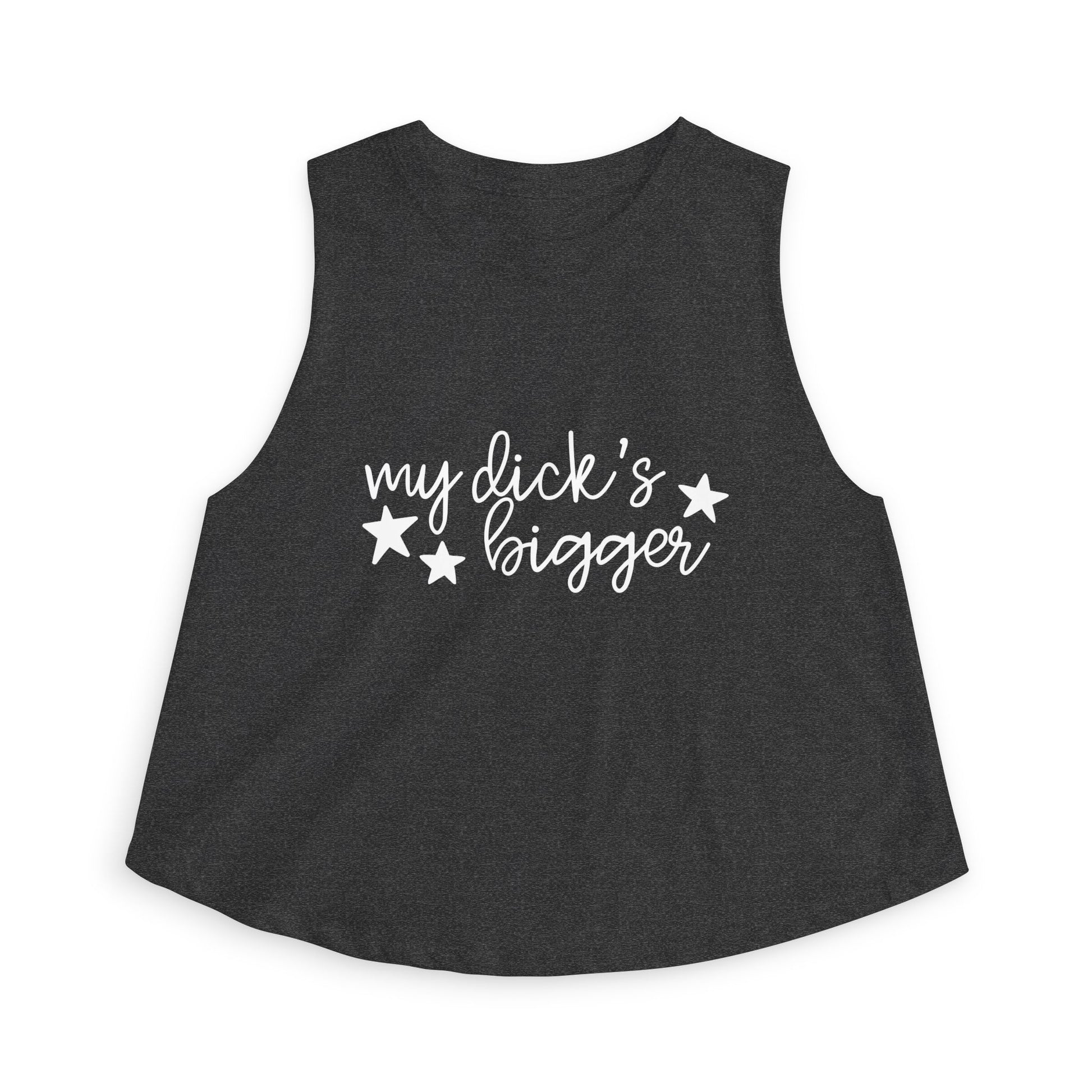 My Dck's Bigger Crop Top Funny Feminist Women's Cropped Tank by Spinsterly Co in Dark Grey Heather with cursive stars