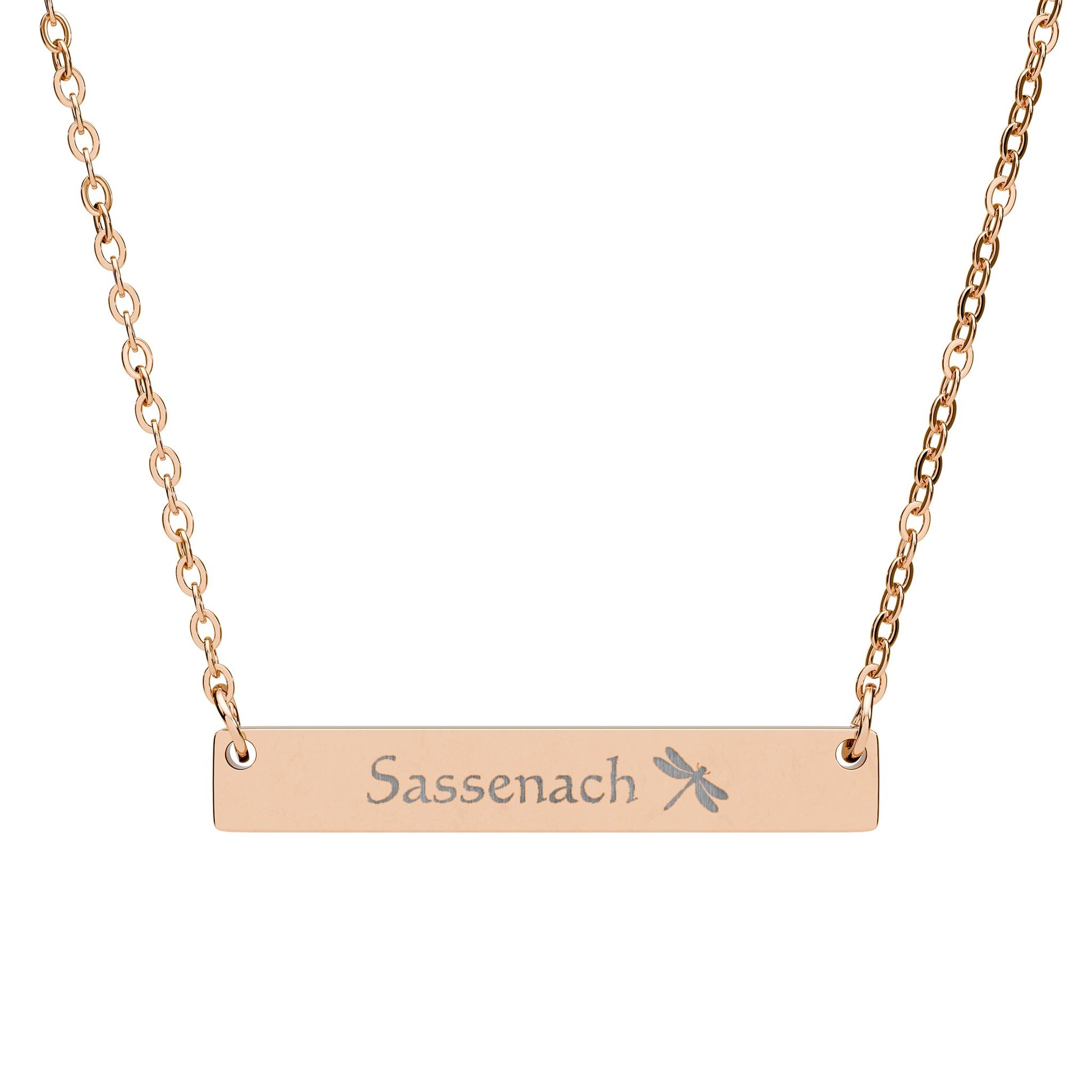 Sassenach Dragonfly Engraved Horizontal Bar Necklace Spinsterly Co bar necklace 18K Gold PVD coating with chain links