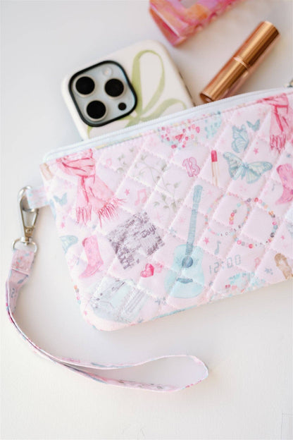 Eras Quilted Wristlet Chic Fan Art Clutch Bag by Gracefully Made, pink quilted exterior with wrist strap