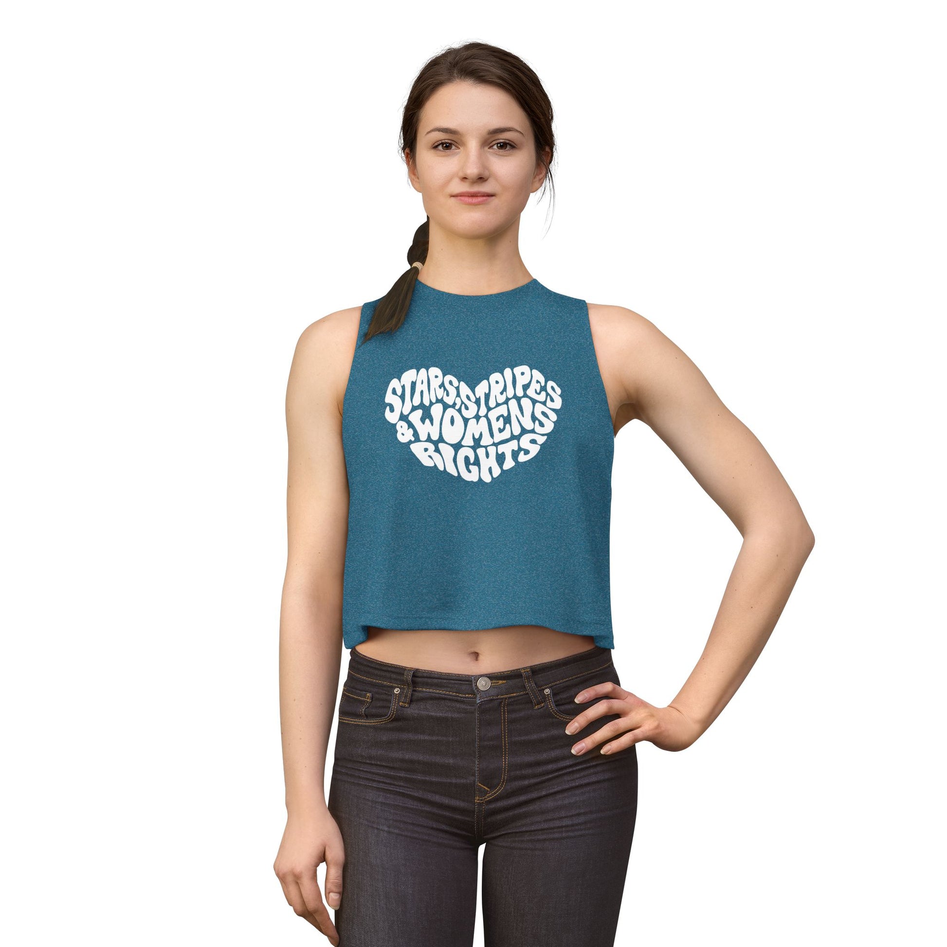 Stars, Stripes Women's Rights Crop Top by Spinsterly Co in Heather Deep Teal with activist graphic tee